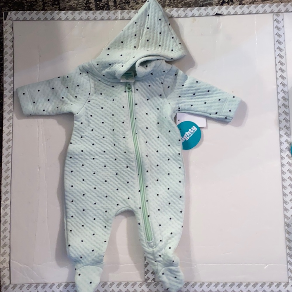 buy buy BABY Quilted Hooded Footie Pastel Green with Black Dots Size Newborn NEW